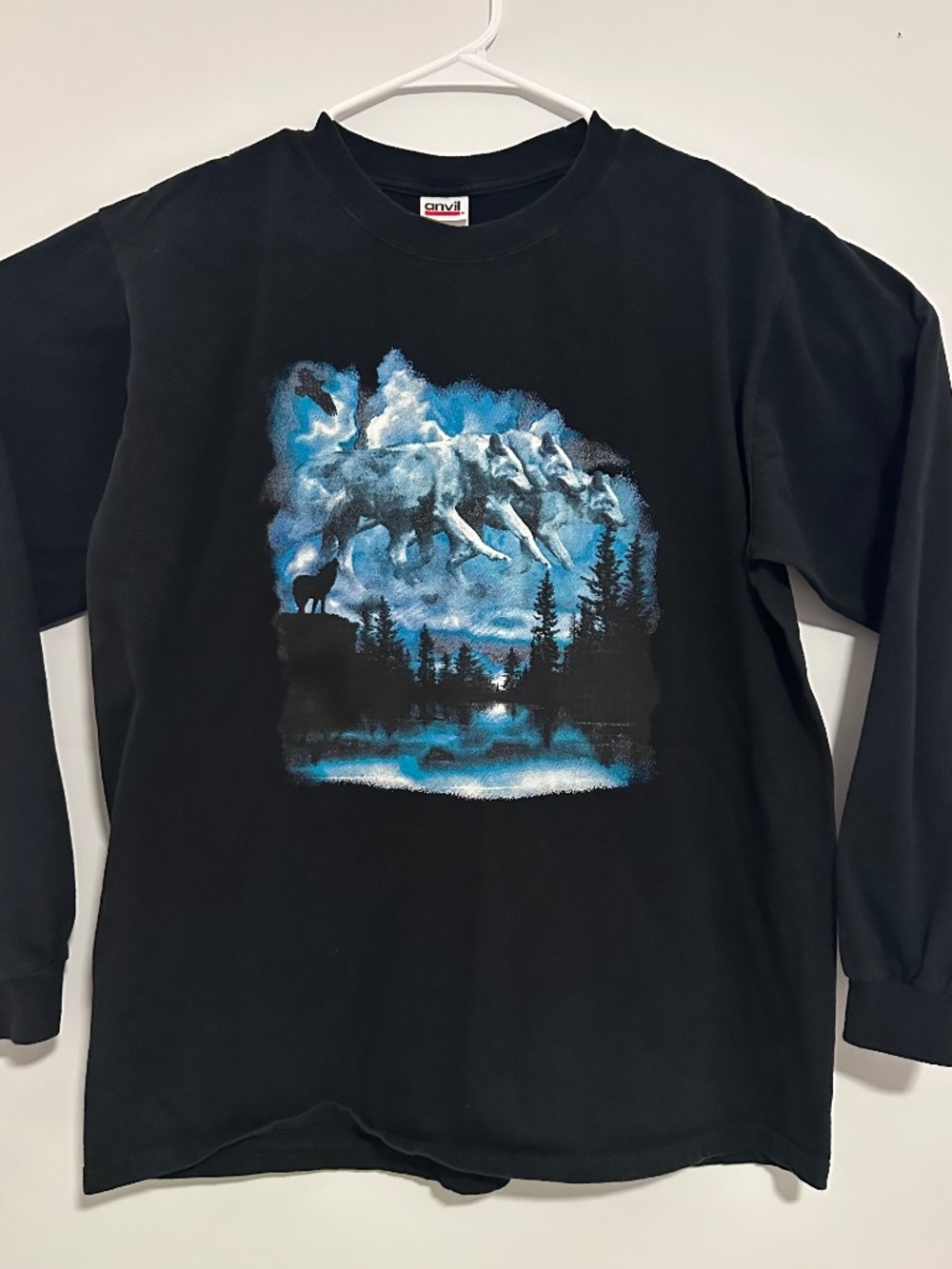Wolf Pack & Moon Animal Graphic Print T-Shirt Large Black Y2K Long Sleeve